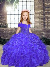 Graceful Beading and Ruffles Little Girl Pageant Dress Purple Lace Up Sleeveless Floor Length