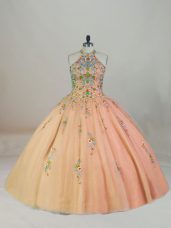 Perfect Peach Halter Top Neckline Appliques and Embroidery 15 Quinceanera Dress Sleeveless Lace Up