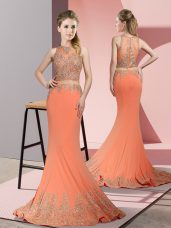 Romantic Orange Red Zipper Beading and Appliques Sleeveless Sweep Train