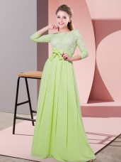 Chic 3 4 Length Sleeve Chiffon Floor Length Side Zipper Wedding Party Dress in Yellow Green with Lace and Belt