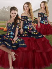 Lovely Lace Up Sweet 16 Dress Wine Red for Military Ball and Sweet 16 and Quinceanera with Embroidery and Ruffled Layers Brush Train