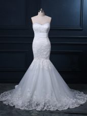 White Mermaid Sweetheart Sleeveless Tulle Brush Train Zipper Lace Wedding Gown