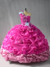 Organza One Shoulder Sleeveless Lace Up Pick Ups and Hand Made Flower Quinceanera Gown in Fuchsia