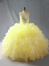 Fitting Yellow Sleeveless Floor Length Beading and Ruffles Zipper Quinceanera Dresses