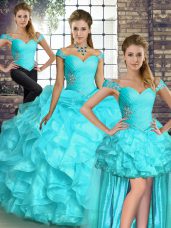Comfortable Off The Shoulder Sleeveless Organza Sweet 16 Dress Beading and Ruffles Lace Up
