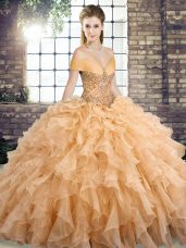 Amazing Off The Shoulder Sleeveless Organza Quinceanera Gowns Beading and Ruffles Brush Train Lace Up