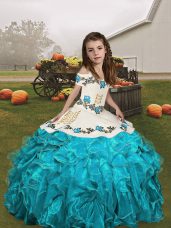 Luxurious Straps Sleeveless Girls Pageant Dresses Floor Length Embroidery and Ruffles Aqua Blue Organza