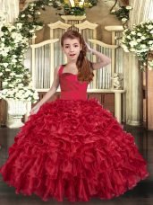 Classical Straps Sleeveless Winning Pageant Gowns Floor Length Ruffles Red Organza