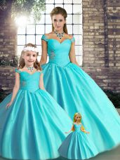 Sleeveless Tulle Floor Length Lace Up Sweet 16 Dresses in Aqua Blue with Beading