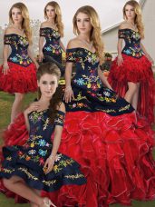 Sleeveless Floor Length Embroidery and Ruffles Lace Up Quinceanera Gown with Red And Black