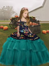 Best Spaghetti Straps Sleeveless Tulle Child Pageant Dress Embroidery and Ruffled Layers Lace Up
