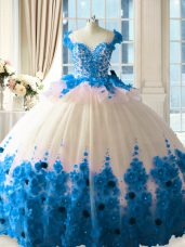 Blue And White Sleeveless Tulle Brush Train Zipper Quinceanera Gowns for Sweet 16 and Quinceanera