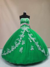 Fancy Tulle Strapless Sleeveless Lace Up Appliques Sweet 16 Quinceanera Dress in Green
