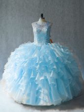 Pretty Blue Lace Up Scoop Beading and Ruffles Quinceanera Gowns Organza Sleeveless