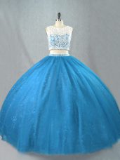 Glorious Scoop Sleeveless Quinceanera Dresses Floor Length Beading Blue Tulle