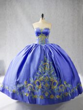 Trendy Sweetheart Sleeveless Quinceanera Gown Floor Length Embroidery Purple Satin