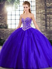 Enchanting Blue Sweetheart Lace Up Beading Quinceanera Gown Brush Train Sleeveless