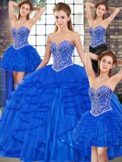 Eye-catching Royal Blue Sleeveless Floor Length Beading and Ruffles Lace Up 15th Birthday Dress