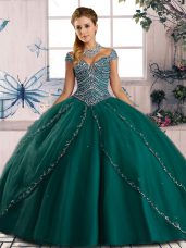 Green Cap Sleeves Beading Lace Up Sweet 16 Dress