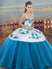 Blue And White Tulle Lace Up Vestidos de Quinceanera Sleeveless Floor Length Embroidery and Bowknot