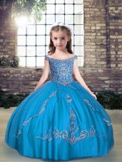 Customized Aqua Blue Off The Shoulder Neckline Beading and Appliques Child Pageant Dress Sleeveless Lace Up