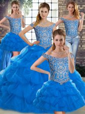 Comfortable Tulle Off The Shoulder Sleeveless Brush Train Lace Up Beading and Pick Ups Quince Ball Gowns in Blue