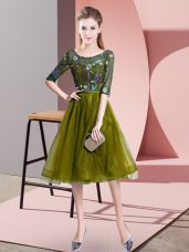 Super Olive Green Tulle Lace Up Dama Dress for Quinceanera Half Sleeves Knee Length Embroidery