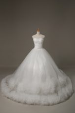 Modern White Sweetheart Lace Up Beading and Hand Made Flower Wedding Gown Court Train Sleeveless