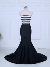 White And Black Strapless Lace Up Ruching Celebrity Inspired Dress Brush Train Sleeveless