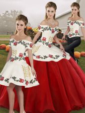 Captivating White And Red Sleeveless Organza Lace Up Quinceanera Dress for Military Ball and Sweet 16 and Quinceanera