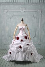 White Wedding Gown Taffeta Brush Train Sleeveless Embroidery and Pick Ups and Hand Made Flower