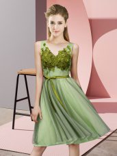 Empire Bridesmaid Dresses Yellow Green V-neck Tulle Sleeveless Knee Length Lace Up