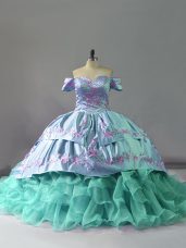 Sleeveless Chapel Train Embroidery and Ruffles Lace Up Quinceanera Dress