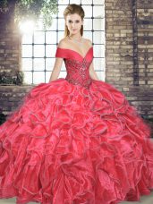 Customized Coral Red Sleeveless Organza Lace Up 15th Birthday Dress for Military Ball and Sweet 16 and Quinceanera