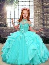 Fantastic Ball Gowns Pageant Gowns For Girls Aqua Blue High-neck Organza Sleeveless Floor Length Lace Up