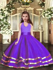 Floor Length Purple Child Pageant Dress Halter Top Sleeveless Lace Up