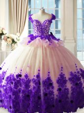 Flare Scoop Sleeveless Tulle Quinceanera Dresses Hand Made Flower Brush Train Zipper