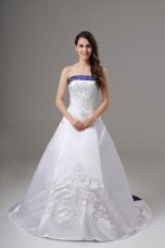 Suitable White Strapless Neckline Beading and Embroidery Bridal Gown Sleeveless Lace Up