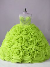 Comfortable Yellow Green Ball Gown Prom Dress Sweet 16 and Quinceanera with Beading Sweetheart Sleeveless Brush Train Lace Up