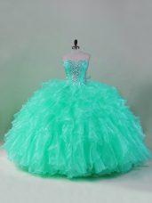 Designer Turquoise Ball Gowns Beading and Ruffles Ball Gown Prom Dress Lace Up Organza Sleeveless Floor Length