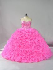 Beading and Ruffles Quince Ball Gowns Hot Pink Lace Up Sleeveless Floor Length
