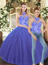 Low Price Floor Length Blue Quinceanera Dresses Halter Top Sleeveless Lace Up