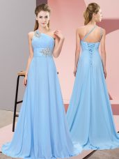 Blue Lace Up One Shoulder Beading Chiffon Sleeveless Brush Train