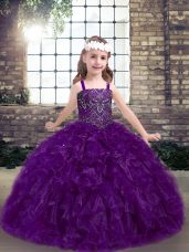 Custom Made Eggplant Purple Ball Gowns Beading and Ruffles Little Girl Pageant Dress Lace Up Organza Sleeveless Floor Length