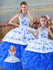 Superior Sleeveless Organza Floor Length Court Train Lace Up 15 Quinceanera Dress in Blue And White with Embroidery and Ruffles