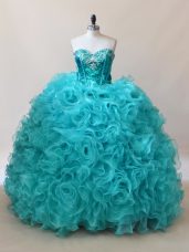Aqua Blue Ball Gowns Ruffles and Sequins Sweet 16 Dress Fabric With Rolling Flowers Sleeveless Floor Length