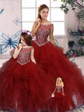 Most Popular Burgundy Sleeveless Beading and Ruffles Floor Length Ball Gown Prom Dress