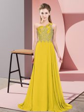 Custom Fit Gold Empire One Shoulder Sleeveless Chiffon Floor Length Side Zipper Beading Prom Dresses