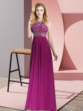 Classical Fuchsia Empire Scoop Sleeveless Chiffon Floor Length Backless Beading