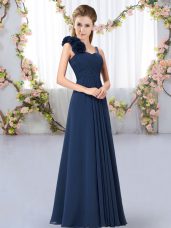 Decent Navy Blue Chiffon Lace Up Bridesmaid Dresses Sleeveless Floor Length Hand Made Flower
